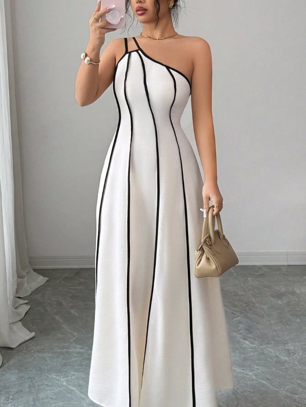 Apricot Casual Women's One-Shoulder Contrast Sleeveless Dress - Picture 5 of 5
